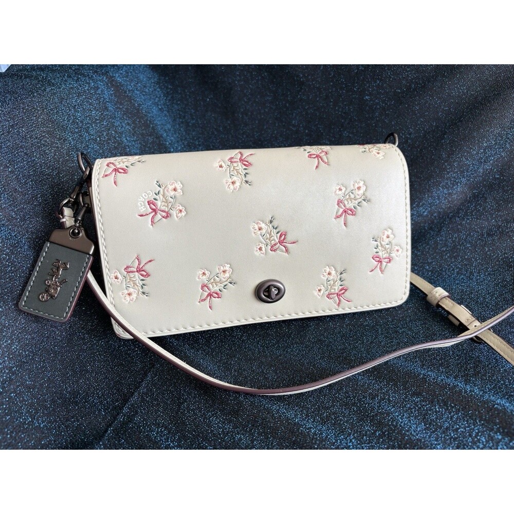 COACH 1941 Dinky w/Glitter Floral PRINT Mint Green Leather Crossbody Purse 28433